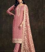 Brown Embroidered Organza  Straight Pant Suit Free size full stitched Up To 42" Size