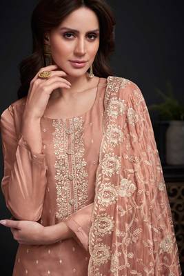 Peach Embroidered Organza Semi Stitched Straight Pant Suit Up To 42" Size 2