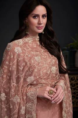Peach Embroidered Organza Semi Stitched Straight Pant Suit Up To 42" Size 3