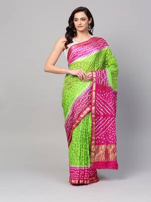 Hand Dyed Green & Pink Bandhani Silk Sustainable Saree 1