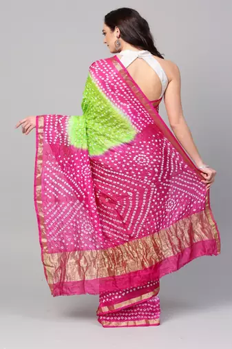 Hand Dyed Green & Pink Bandhani Silk Sustainable Saree