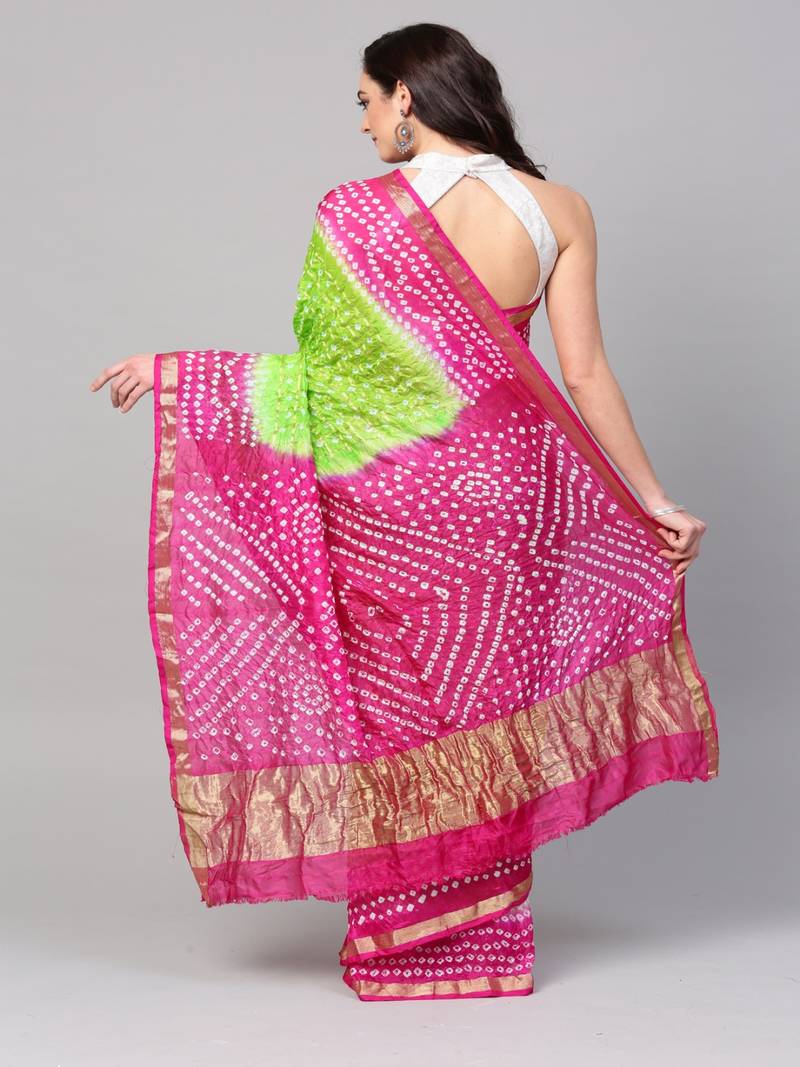 Hand Dyed Green & Pink Bandhani Silk Sustainable Saree