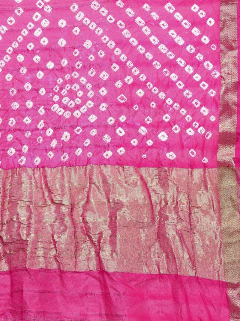 Hand Dyed Green & Pink Bandhani Silk Sustainable Saree