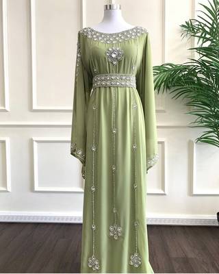 Olive Dress Silver Work Wedding Zari Embroidered Georgette Stitched Stone Work Dresses 1