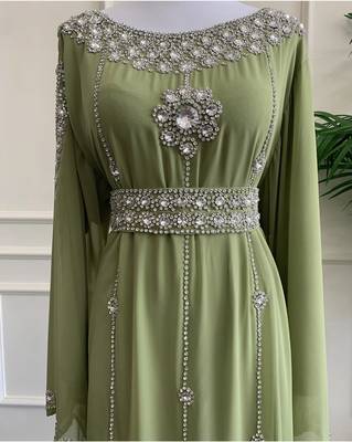 Olive Dress Silver Work Wedding Zari Embroidered Georgette Stitched Stone Work Dresses 2