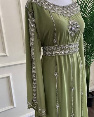 Olive Dress Silver Work Wedding Zari Embroidered Georgette Stitched Stone Work Dresses 3
