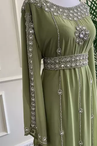 Olive Dress Silver Work Wedding Zari Embroidered Georgette Stitched Stone Work Dresses
