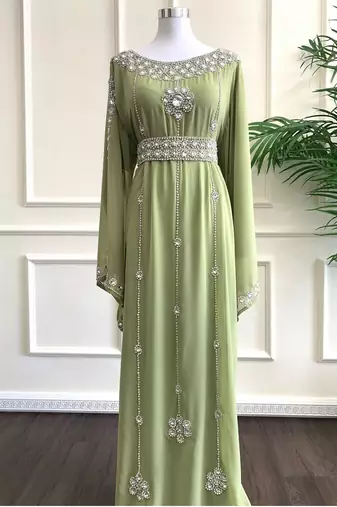 Olive Dress Silver Work Wedding Zari Embroidered Georgette Stitched Stone Work Dresses