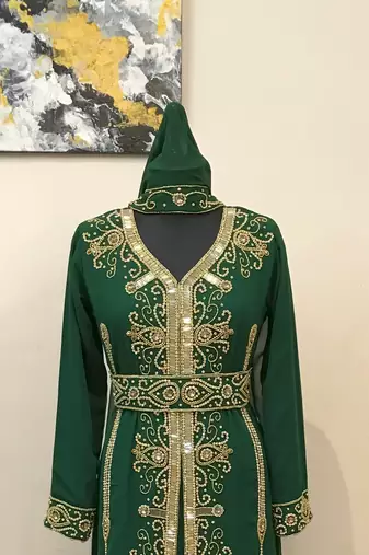 Dark Green color Full Sleeves Handmade Moroccan Kaftan 