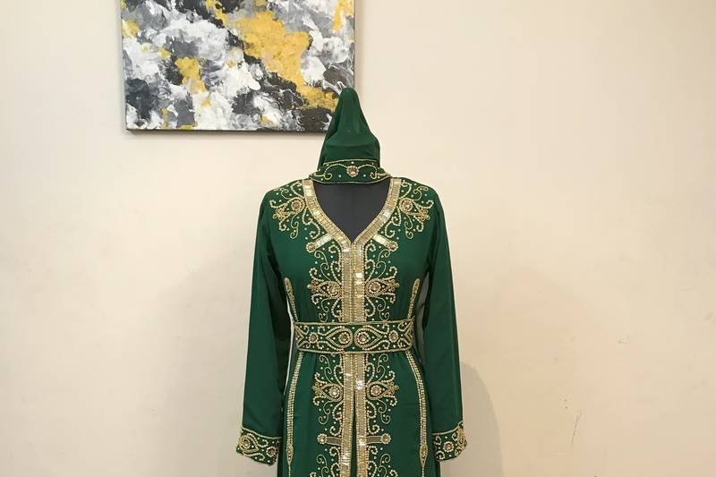 Dark Green color luxurious Full Sleeves Handmade Moroccan Kaftan .