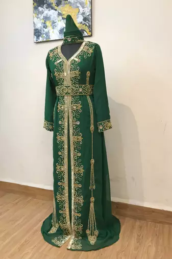 Dark Green color Full Sleeves Handmade Moroccan Kaftan 