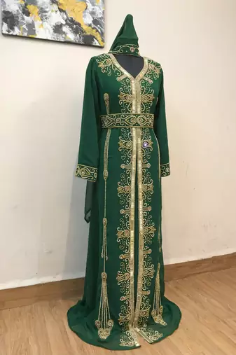 Dark Green color Full Sleeves Handmade Moroccan Kaftan 