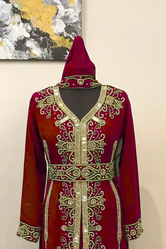 Maroon color Full Sleeves Handmade Moroccan Kaftan 