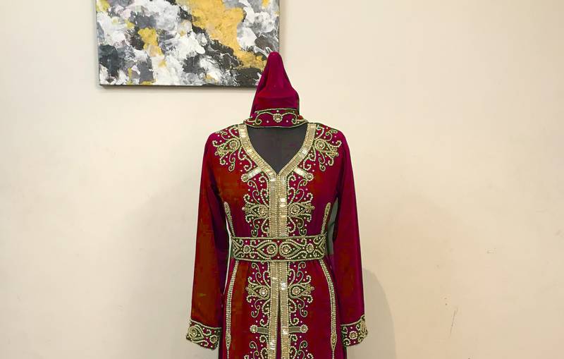 Maroon color luxurious Full Sleeves Handmade Moroccan Kaftan .
