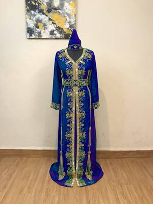 Royal-Blue color Full Sleeves Handmade Moroccan Kaftan 1