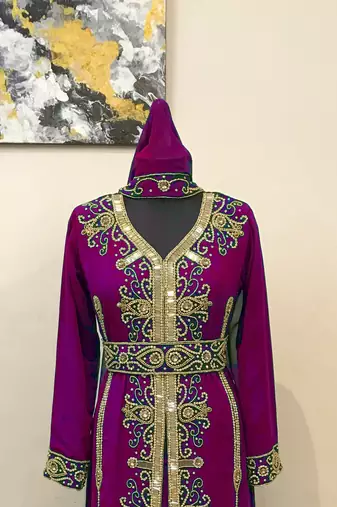 Wine color Full Sleeves Handmade Moroccan Kaftan