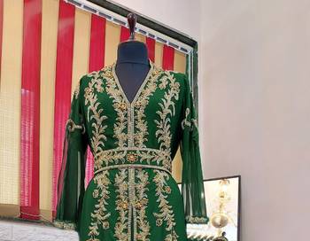 Dark Green color Full Sleeves Handmade Moroccan Kaftan 2