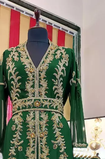 Dark Green color Full Sleeves Handmade Moroccan Kaftan