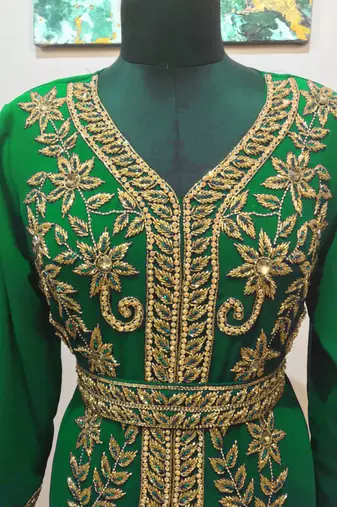Dark Green color Full Sleeves Handmade Moroccan Kaftan 