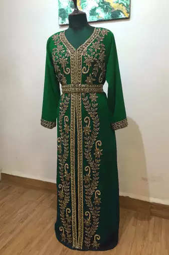 Dark Green color Full Sleeves Handmade Moroccan Kaftan 