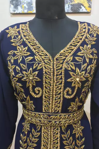 Navy-Blue color Full Sleeves Handmade Moroccan Kaftan 
