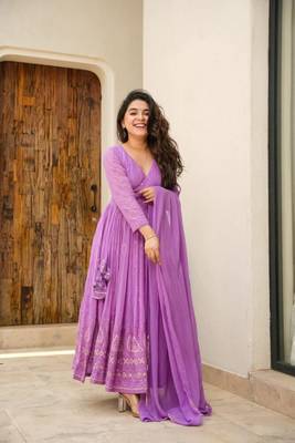 Purple Embroidered Georgette Anarkali Suit Set 1