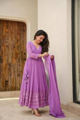 Purple Embroidered Georgette Anarkali Suit Set 3