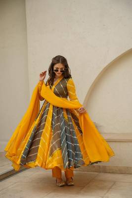 Yellow leheriya Organza Anarkali Suit Set 3