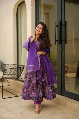 Purple Embroidered Organza Anarkali Suit Set 1