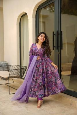 Purple Embroidered Organza Anarkali Suit Set 4