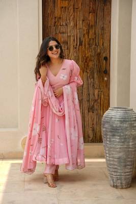 Pink Printed Georgette Anarkali Suit Set 1