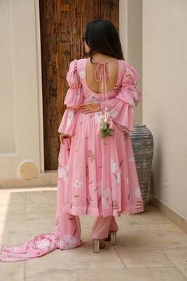 Pink Printed Georgette Anarkali Suit Set 4