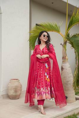 Red Printed Silk Anarkali Suit Set  1