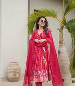 Red Printed Silk Anarkali Suit Set 