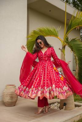 Red Printed Silk Anarkali Suit Set  2