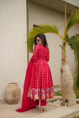 Red Printed Silk Anarkali Suit Set  3