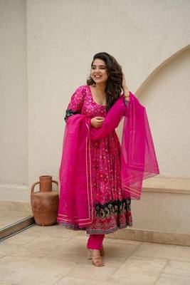 Pink Printed Silk Anarkali Suit Set  1