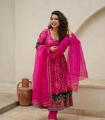 Pink Printed Silk Anarkali Suit Set 