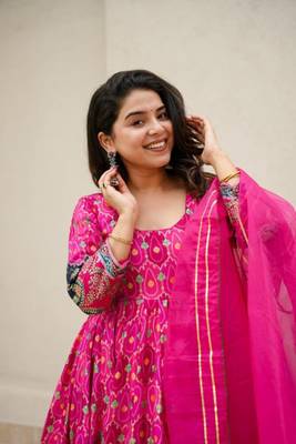 Pink Printed Silk Anarkali Suit Set  2