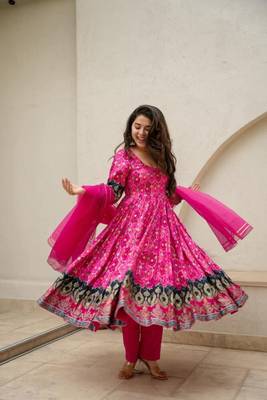 Pink Printed Silk Anarkali Suit Set  3