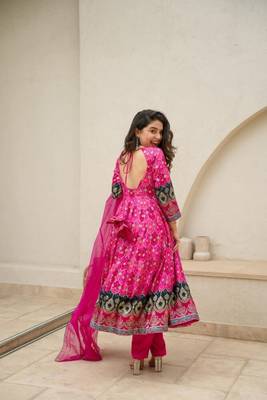 Pink Printed Silk Anarkali Suit Set  4