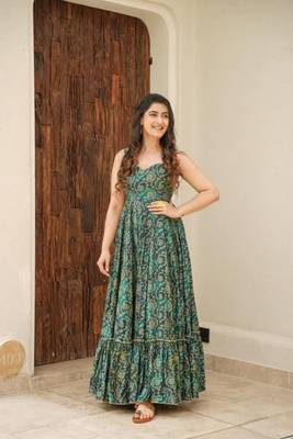 Green Color Printed muslin Maxi Suit 1