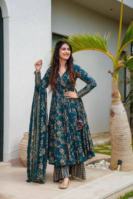 Blue Color Printed Cotton Anarkali Suit Set  1