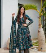 Blue Color Printed Cotton Anarkali Suit Set 