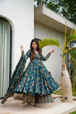 Blue Color Printed Cotton Anarkali Suit Set  2