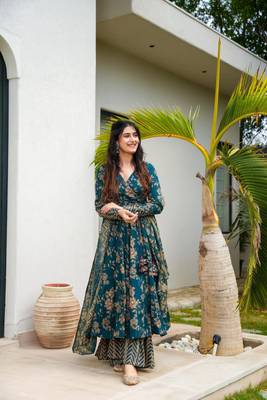 Blue Color Printed Cotton Anarkali Suit Set  3