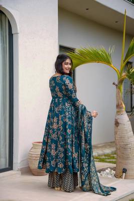 Blue Color Printed Cotton Anarkali Suit Set  4