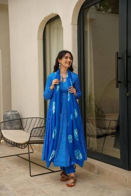 Blue Color Bandhej Anarkali Suit Set 1