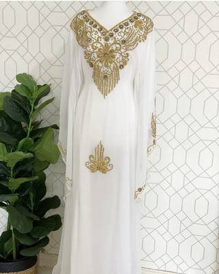 White Wedding Zari Embroidered Georgette Stitched Stone Work Long Sleeve Dresses 1