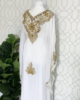 White Wedding Zari Embroidered Georgette Stitched Stone Work Long Sleeve Dresses 2
